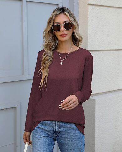 Long Sleeve Shirts for Women Basic Fall Tops Casual Loose Fit T-Shirts in Kuwait