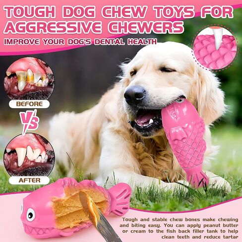 Squeaky Dog Toys for Aggressive Chewers, Treat Dispensing Dog Toys, Tough Indestructible Dog Chew Toys for Large Medium Breed, Interactive Durable Nylon Bone Dog Toys to Keep Them Busy(Red) in Saudi Arabia