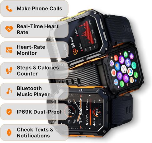 The Indestructible Smartwatch - IP68 Waterproof Outdoor Rugged Android Smart Watch - Features Bluetooth Calling, Heart Rate, and Sleep Monitoring - Compatible with Android and iOS (Black) in Saudi Arabia
