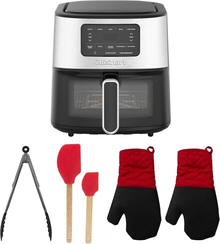 مقلاة هوائية بسلة 6 كوارت من كويزينارت مع تحكم في درجة الحرارة وشاشة رقمية (AIR-200، ستانلس ستيل وأسود) مع ملقط طعام من النايلون، وملعقتين من السيليكون وقفازين للفرن (4 قطع) in Kuwait