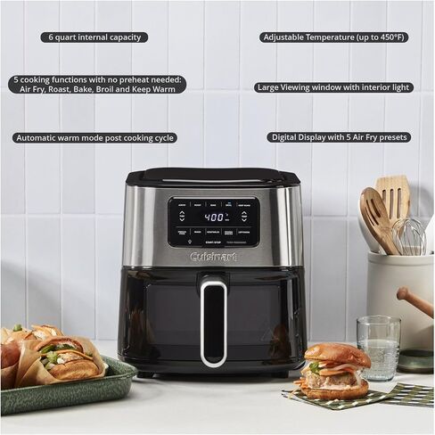 مقلاة هوائية بسلة 6 كوارت من كويزينارت مع تحكم في درجة الحرارة وشاشة رقمية (AIR-200، ستانلس ستيل وأسود) مع ملقط طعام من النايلون، وملعقتين من السيليكون وقفازين للفرن (4 قطع) in Kuwait