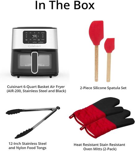 مقلاة هوائية بسلة 6 كوارت من كويزينارت مع تحكم في درجة الحرارة وشاشة رقمية (AIR-200، ستانلس ستيل وأسود) مع ملقط طعام من النايلون، وملعقتين من السيليكون وقفازين للفرن (4 قطع) in Kuwait