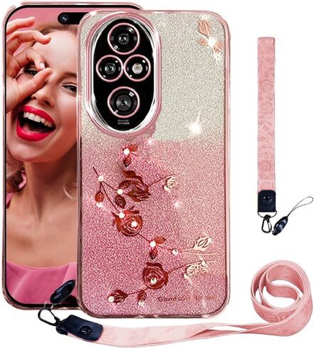 CCSmall for Honor 200 Pro Bling Case Crossbody Lanyard for Woman Girls, Glitter Diamond Flower Shoulder Strap Wristband Cute Sparkle Protective Case Cover for Honor 200 Pro YSH Rose in Kuwait