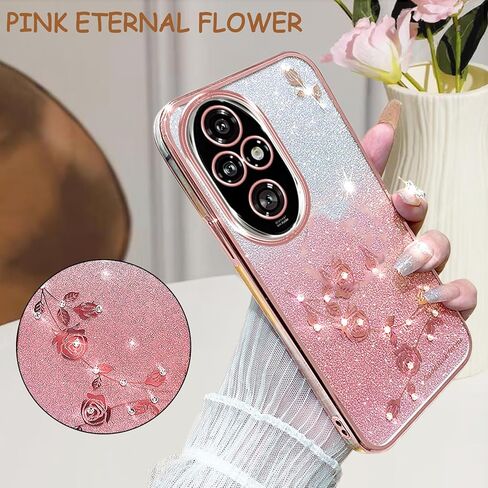 CCSmall for Honor 200 Pro Bling Case Crossbody Lanyard for Woman Girls, Glitter Diamond Flower Shoulder Strap Wristband Cute Sparkle Protective Case Cover for Honor 200 Pro YSH Rose in Kuwait