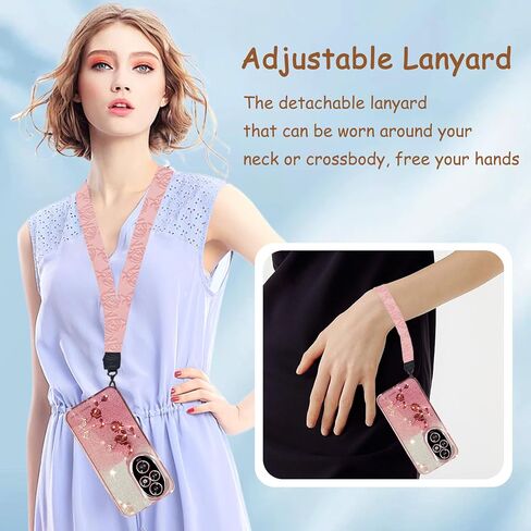 CCSmall for Honor 200 Pro Bling Case Crossbody Lanyard for Woman Girls, Glitter Diamond Flower Shoulder Strap Wristband Cute Sparkle Protective Case Cover for Honor 200 Pro YSH Rose in Kuwait