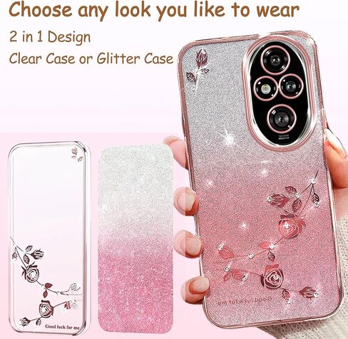 CCSmall for Honor 200 Pro Bling Case Crossbody Lanyard for Woman Girls, Glitter Diamond Flower Shoulder Strap Wristband Cute Sparkle Protective Case Cover for Honor 200 Pro YSH Rose in Kuwait