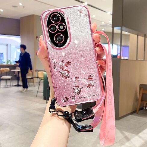 CCSmall for Honor 200 Pro Bling Case Crossbody Lanyard for Woman Girls, Glitter Diamond Flower Shoulder Strap Wristband Cute Sparkle Protective Case Cover for Honor 200 Pro YSH Rose in Kuwait