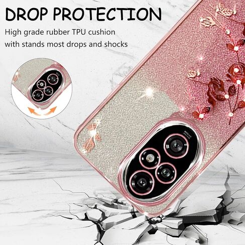 CCSmall for Honor 200 Pro Bling Case Crossbody Lanyard for Woman Girls, Glitter Diamond Flower Shoulder Strap Wristband Cute Sparkle Protective Case Cover for Honor 200 Pro YSH Rose in Kuwait