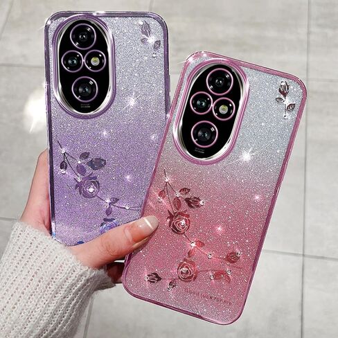 CCSmall for Honor 200 Pro Bling Case Crossbody Lanyard for Woman Girls, Glitter Diamond Flower Shoulder Strap Wristband Cute Sparkle Protective Case Cover for Honor 200 Pro YSH Rose in Kuwait