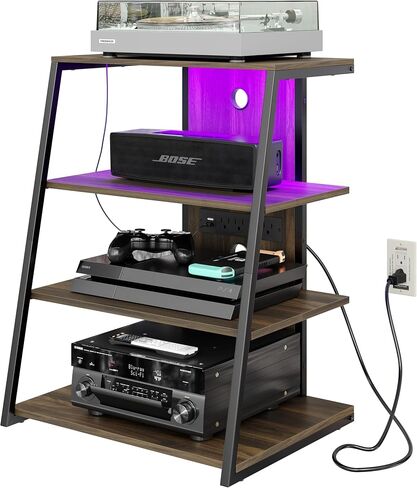 4-Tier AV Media Stand with Charge Station, Corner TV Stand with LED Lights, Rack Audio Tower, Corner Entertainment Center, Stereo Cabinet for/Apple TV/Xbox One/ps4 (Walnut) in Saudi Arabia