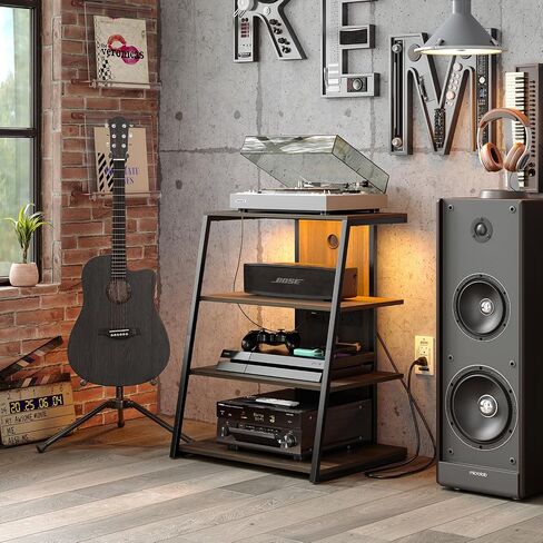4-Tier AV Media Stand with Charge Station, Corner TV Stand with LED Lights, Rack Audio Tower, Corner Entertainment Center, Stereo Cabinet for/Apple TV/Xbox One/ps4 (Walnut) in Saudi Arabia