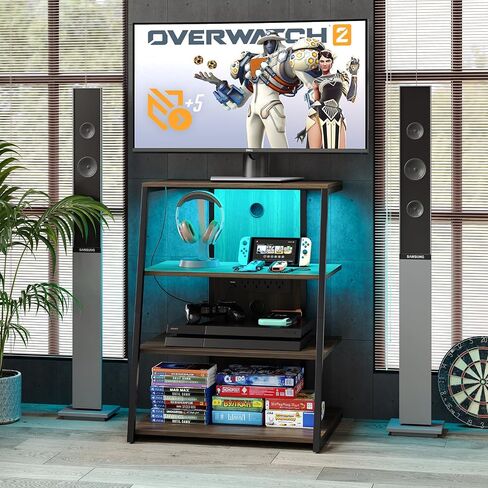 4-Tier AV Media Stand with Charge Station, Corner TV Stand with LED Lights, Rack Audio Tower, Corner Entertainment Center, Stereo Cabinet for/Apple TV/Xbox One/ps4 (Walnut) in Saudi Arabia