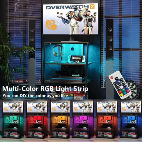 4-Tier AV Media Stand with Charge Station, Corner TV Stand with LED Lights, Rack Audio Tower, Corner Entertainment Center, Stereo Cabinet for/Apple TV/Xbox One/ps4 (Walnut) in Saudi Arabia