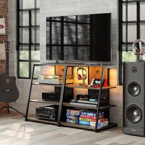 4-Tier AV Media Stand with Charge Station, Corner TV Stand with LED Lights, Rack Audio Tower, Corner Entertainment Center, Stereo Cabinet for/Apple TV/Xbox One/ps4 (Walnut) in Saudi Arabia