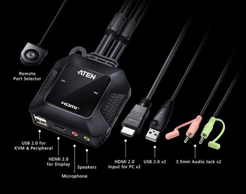 ATEN CS22H 2 Port 4K HDMI Cable KVM Switch 4K 60Hz FHD 144Hz with Remote Port Selector for Office Desktop, Graphic Design, Video Editing, Gaming for PC Laptop Windows Mac Linux in Kuwait