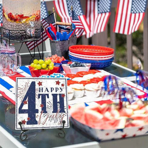 July 4th Petals Wood Plaque With Iron Stand - Home Of The Free Because Of The Brave - 4"x4" Wooden Block Sign, Patriotic Desk Signs, Shelf & Tabletop Decorations, America Memorial Day Supplies - E06 in Saudi Arabia
