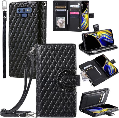 Phone Case for Samsung Galaxy Note 9 Wallet Cover with and Crossbody Wrist Strap Shoulder Strap 9+ Card Slots Zipper Purse Luxury PU Leather Stand Accessories Note9 Not S9 Women Men Black in Saudi Arabia