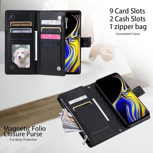 Phone Case for Samsung Galaxy Note 9 Wallet Cover with and Crossbody Wrist Strap Shoulder Strap 9+ Card Slots Zipper Purse Luxury PU Leather Stand Accessories Note9 Not S9 Women Men Black in Saudi Arabia