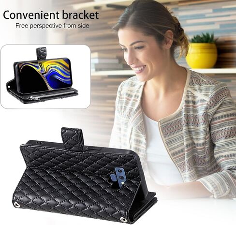 Phone Case for Samsung Galaxy Note 9 Wallet Cover with and Crossbody Wrist Strap Shoulder Strap 9+ Card Slots Zipper Purse Luxury PU Leather Stand Accessories Note9 Not S9 Women Men Black in Saudi Arabia