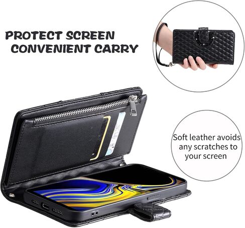Phone Case for Samsung Galaxy Note 9 Wallet Cover with and Crossbody Wrist Strap Shoulder Strap 9+ Card Slots Zipper Purse Luxury PU Leather Stand Accessories Note9 Not S9 Women Men Black in Saudi Arabia