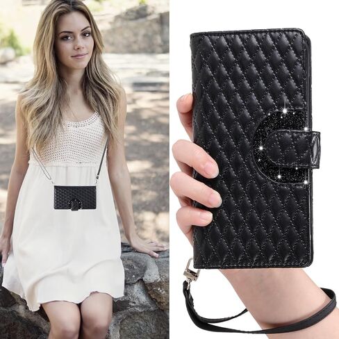 Phone Case for Samsung Galaxy Note 9 Wallet Cover with and Crossbody Wrist Strap Shoulder Strap 9+ Card Slots Zipper Purse Luxury PU Leather Stand Accessories Note9 Not S9 Women Men Black in Saudi Arabia