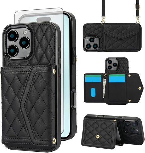 Phone Case Compatible with iPhone 16 Pro Max 6.9 inch Wallet Cover Tempered Glass Screen Protector RFID Blocking Credit Card Holder Slot Crossbody Strap i Phone16 16Pro i16 ProMax 16ProMax Beige in Saudi Arabia