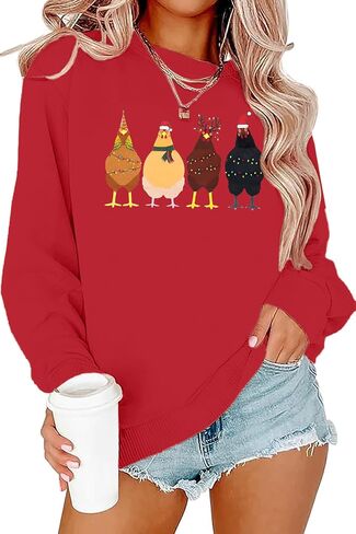 LOTUCY Christmas Sweatshirt Women: Cute Chicken Xmas Shirt Funny Chicks Christmas Sweatshirts Hen Farm Animal Pullover Tops in Saudi Arabia