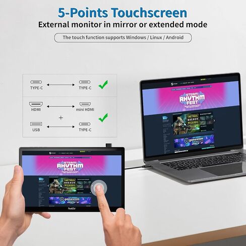 شاشة لمس محمولة PeakDo مقاس 7 بوصات، شاشة صغيرة 1080 بكسل 60 هرتز، شاشة HDMI صغيرة USB C، شاشة IPS LCD خفيفة الوزن للغاية وخفيفة الوزن وشاشة ثانية لتشغيل الألعاب، PS5، Xbox، Switch، الكمبيوتر المحمول، الكمبيوتر الشخصي in Kuwait