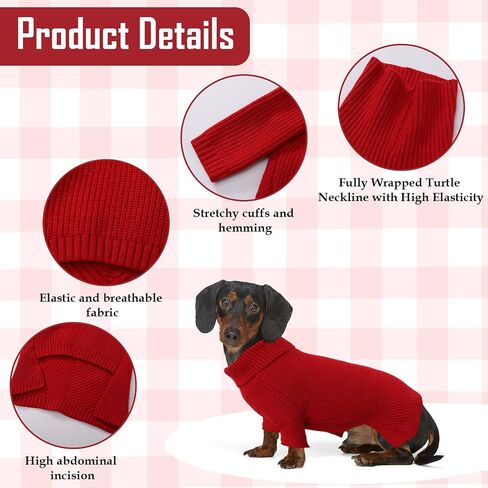 Geyecete Dachshund Sweater Dog Turtleneck Sweater,Cold Weather Cable Knitwear Small Dog Pullover Sweater Dog Winter Clothes for Small Dogs-Red-XL in Kuwait