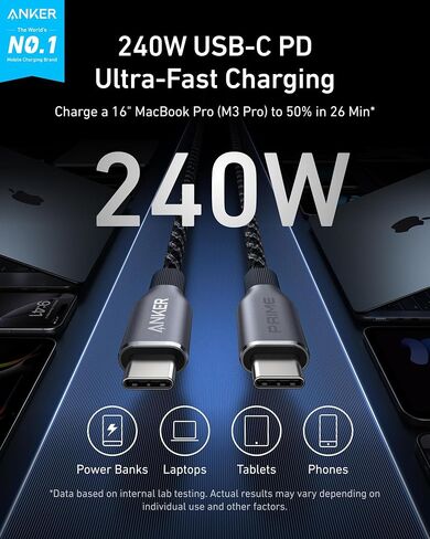 كابل Anker Prime USB C إلى USB C، كابل متين للشحن السريع بقوة 240 واط (6 أقدام) | USB 2.0 نايلون مجدول مُعاد تدويره، متانة انحناء لمدة 100 عام لهاتف iPhone 17 / 17 Pro / 17 Pro Max وMacBook وGalaxy والمزيد in Kuwait