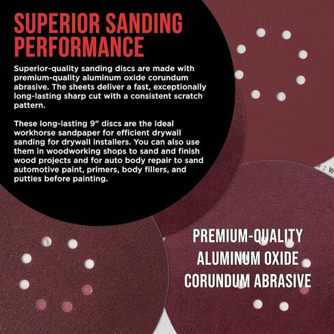 Premium 9" Red 8-Hole Pattern 80 Grit Sanding Discs, Box of 20 - Dustless Hook & Loop Backing Sandpaper for Drywall Power Sanders, Coarse-Cut Abrasive - Woodworking, Sand Auto Paint in Saudi Arabia
