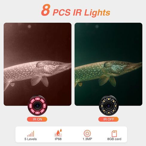 Underwater Fishing Camera DVR,720P Fishing Camera,Ice Fishing Camera DVR Recording 8GB Card,5 Inch IPS Monitor, 8PCS IR Lights w/ 3 Level, 15m/49ft Cable for Boat Lake Kayak Ice Fishing in Kuwait