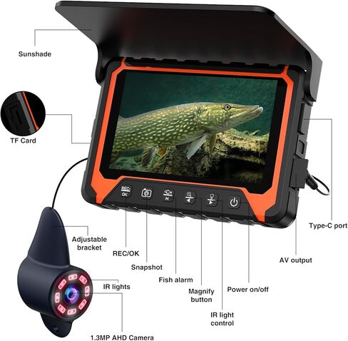 Underwater Fishing Camera DVR,720P Fishing Camera,Ice Fishing Camera DVR Recording 8GB Card,5 Inch IPS Monitor, 8PCS IR Lights w/ 3 Level, 15m/49ft Cable for Boat Lake Kayak Ice Fishing in Kuwait