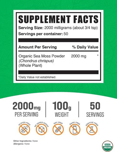 BulkSupplements.com Organic Irish Sea Moss Powder - Sea Moss Supplement, Irish Sea Moss Organic, Organic Sea Moss Powder - Vegan & Gluten Free, 2000mg per Serving, 250g (8.8 oz) (Pack of 1) in Saudi Arabia
