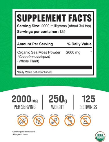 BulkSupplements.com مسحوق طحلب البحر الأيرلندي العضوي - مكمل طحلب البحر، طحلب البحر الأيرلندي العضوي، مسحوق طحلب البحر العضوي - نباتي وخالي من الغلوتين، 2000 مجم لكل وجبة، 250 جم (8.8 أونصة) (عبوة من قطعة واحدة) in Saudi Arabia