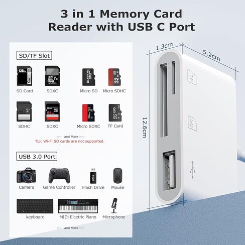 محول كاميرا USB C إلى USB، قارئ بطاقة SD لهاتف iPhone 15 16 Series 3 في 1 محول بطاقة الذاكرة مع فتحات بطاقة مزدوجة ومنفذ USB لأجهزة iPhone/iPad/Mac/الكمبيوتر المحمول/Android Trail قارئ بطاقات التوصيل والتشغيل in Kuwait