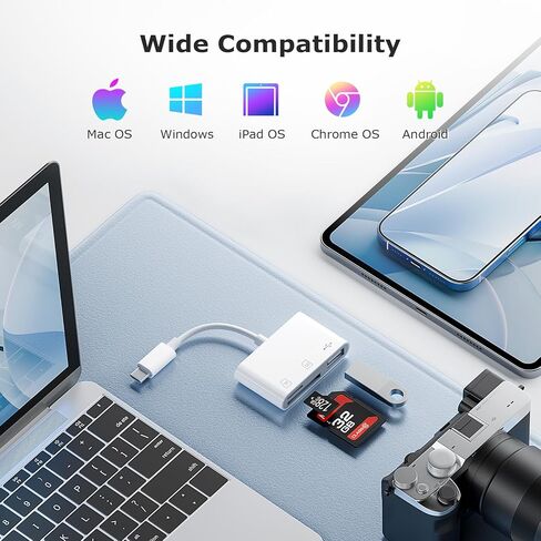 محول كاميرا USB C إلى USB، قارئ بطاقة SD لهاتف iPhone 15 16 Series 3 في 1 محول بطاقة الذاكرة مع فتحات بطاقة مزدوجة ومنفذ USB لأجهزة iPhone/iPad/Mac/الكمبيوتر المحمول/Android Trail قارئ بطاقات التوصيل والتشغيل in Kuwait