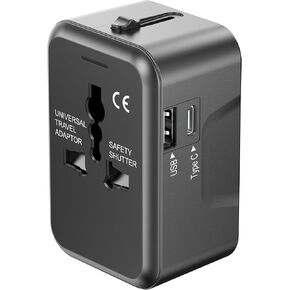 Universal Travel Adapter with (Type C+USB) 2 USB Ports & AC Outlet, International Plug Adapter Converter, Type C/A/G/I All in One Wall Charger Worldwide Travel Adaptor for US to EU UK AUS Asia