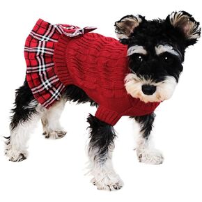 Tangpan Classic Cable Turtleneck Dog Sweater with Bow-Knot Pet Plaid Skirt Warm Apparel Puppy Clothes Cat Outfit （Red,M