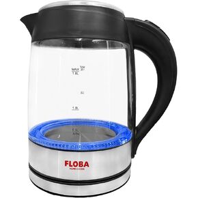 Electric Kettle, 360° Rotation, Stainless Steel Heating Element, Auto Shut-Off, LED Light, Borosilicate Glass, large, Clear/Black, HHB1752-1