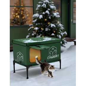 Outdoor Heated Cat House, Detachable Feral Cats House with a Open Window for Inside Outside, Cat House Weatherproof in Winter, Cat Shelter with Pet Heating Pad (Green, Large)
