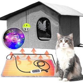 Heated Cat House for Outside-Waterproof & Windproof Outdoor Cat Shelter with Removable Heating Pad & LED Lights for All Seasons(Gray, 12"x15")