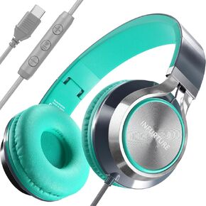 INFURTURE USB C(Type C) Wired Headphones with Mic & Volume Control,Tangle-Free Plaiting Line,Over/On-Ear Headphones,Lightweight Foldable for Smartphone,Tablet,iPhone 16/15 Series（Green-Gray）