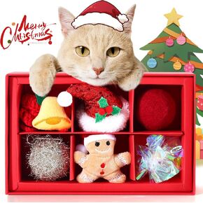 Christmas Cat Toys 6Pcs for Indoor Cats, Cat Catnip Toys, Interactive Cat Chew Toys, Included Knitted Collar, Xmas Hat, Wool Ball, Winding Ball, Gingerbread Man, Ringing Paper Ball