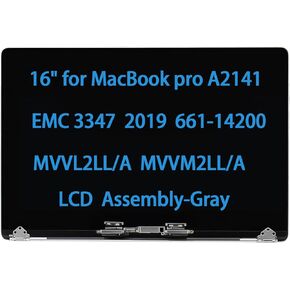 16" Screen Replacement for MacBook pro A2141 EMC 3347 2019 LCD Screen Replacement Display Assembly MVVL2LL/A MVVM2LL/A 661-14200 (Space Gray)