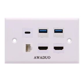 AWAUO USB C Wall Outlet White Wall Mount 2 USB3.0+2 HDMI2.0 +1 Cat6 Ethernet+1 USB Type C Port, USB Charger Compatible with iPhone/Samsung(Outlet Wall Plate Included)
