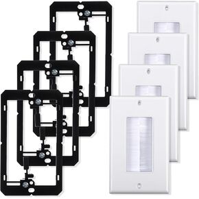 4-Pack Brush Wall Plate with Low Voltage Mounting Bracket, Cable Pass Through Insert for Wires, Single Gang Cable Access Strap, Wall Socket for HDTV, Home Theater Systems
