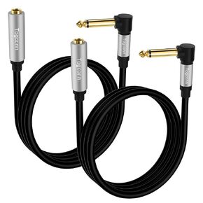 2 Feet Right Angle 1/4 inch TS Extension Cable 2-Pack, 6.35mm 1/4" TS Male to Female Mono Adapter Jack，Quarter inch Headphone Guitar Extension Cable, Hi-Fi Sound, Gold Plated Connectors