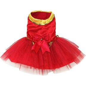 Dog Christmas Dress, Xmas Cat Red Tulle Dress with Bell, New Year Santa Claus Outfit Clothes with Bowtie for Puppy Small Medium Dogs, Cats Apparel (Small)