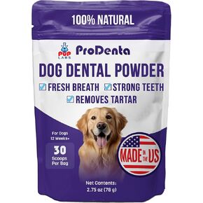 ProDenta - All-Natural and Delicious Dental Powder for Dogs Teeth and Gum Health Against Leaky Gums - for Dogs 12+ Weeks - Made in The USA - 30 Scoops per Bag